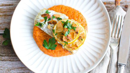 Wild Alaska Pollock with Almonds and Mashed Sweet Potatoes
