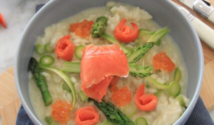 Creamy Risotto with Wild Alaska Smoked Salmon, Goat Cheese, and Asparagus