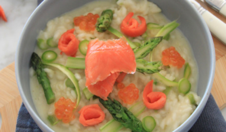 Creamy Risotto with Wild Alaska Smoked Salmon, Goat Cheese, and Asparagus