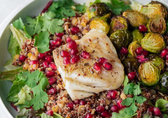 Honey-Glazed Alaska Cod Bowl with Quinoa, Lentils & Roasted Brussels Sprouts