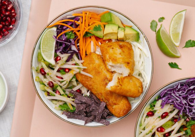 Crispy Alaska Pollock Bowls with Winter Slaw