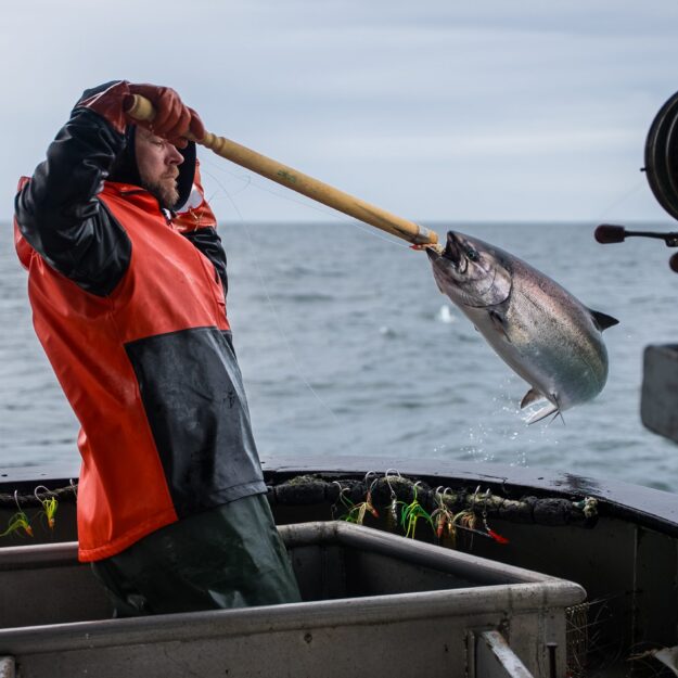 person in orange jacket with arm up pulling in a salmon on a boat with ocean in background