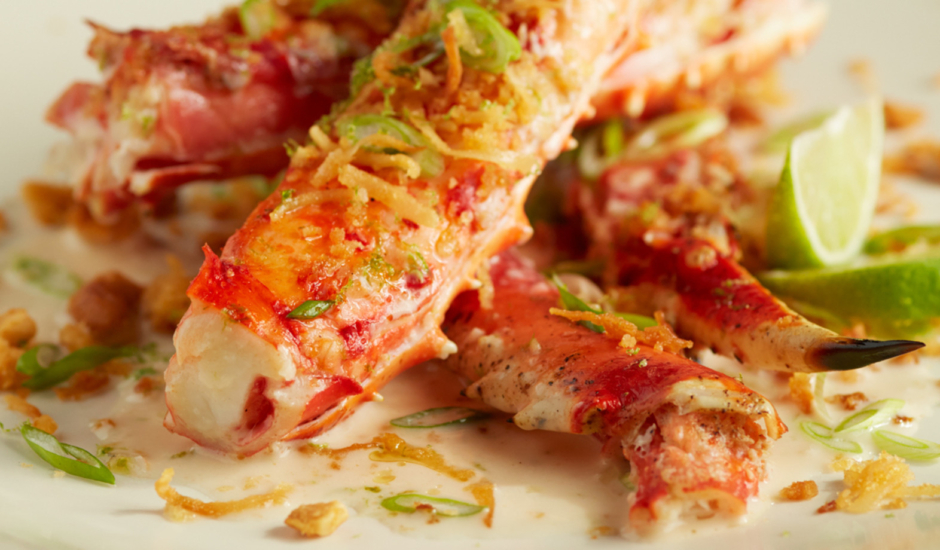 Tropical Coconut-Lime Glazed Alaska King Crab with Sweet Panko Thai Brittle