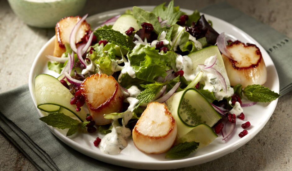 Seared Weathervane Scallops with Pomegranate and Cucumber Salad by Chef Patrick Hoogerhyde