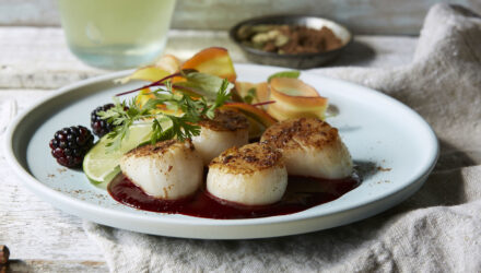 Indian Spiced Alaska Weathervane Scallops with Blackberry Agave Sauce by Chef Michael J. Watz