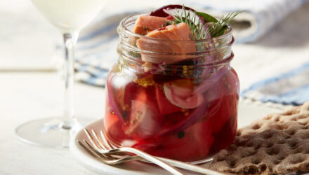 Pickled Wild Alaska Salmon with Red Onions and Beets in a Jar