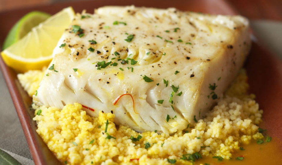 Olive Oil Poached Alaska Sablefish with Couscous and Saffron Broth