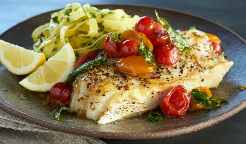 Pan Seared Alaska Halibut Steaks with Cherry Tomatoes and Basil
