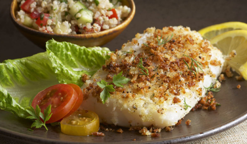 Oregano-Crusted Alaska Cod with Greek Quinoa Salad