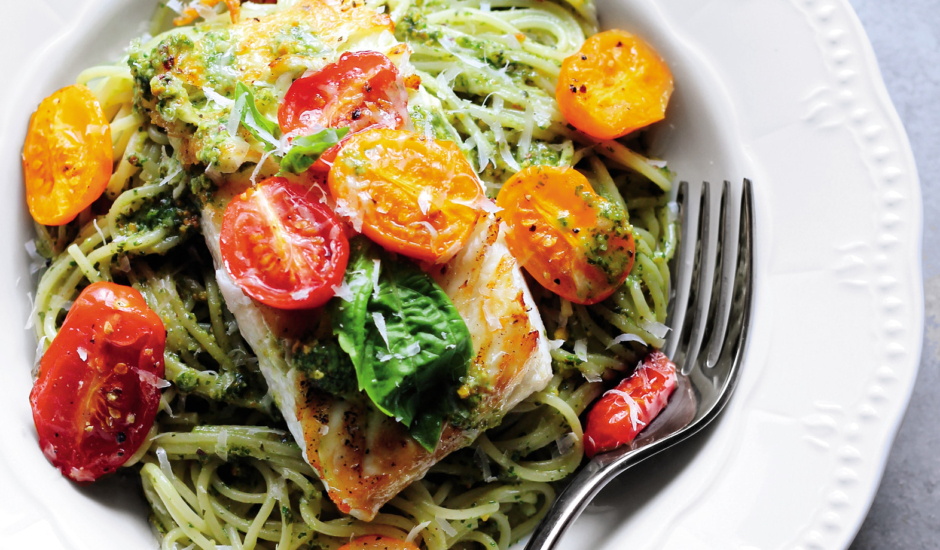 Seared Halibut Pasta with Pistachio Pesto and Roasted Tomatoes (Alaska from Scratch)