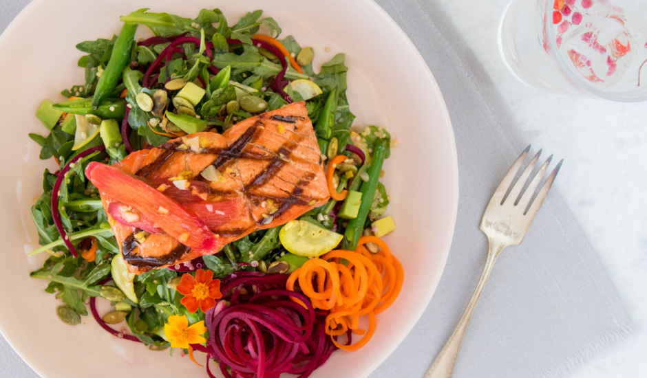 Alaska Salmon With Rhubarb-Ginger Sauce And Spiralized Veggies