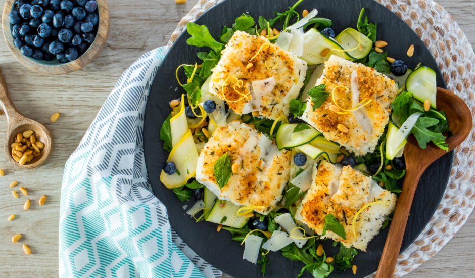 Parmesan-Crusted Alaska Cod with Summertime Arugula Salad