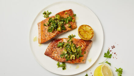 Seared Salmon with Green Olive Salsa Verde