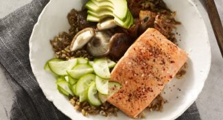 Instant Pot Alaska Salmon Farro Bowl with Pickled Cucumbers and Kimchi