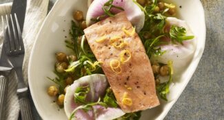 Grilled Alaska Salmon with Crispy Garlicky Chickpeas