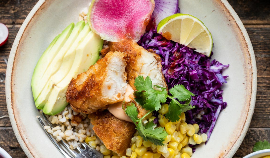 Spicy Fish Taco Bowls with Cabbage Slaw