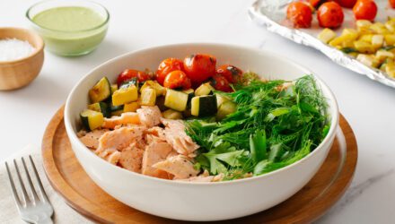 Mediterranean Salmon Grain Bowl with Roasted Vegetables