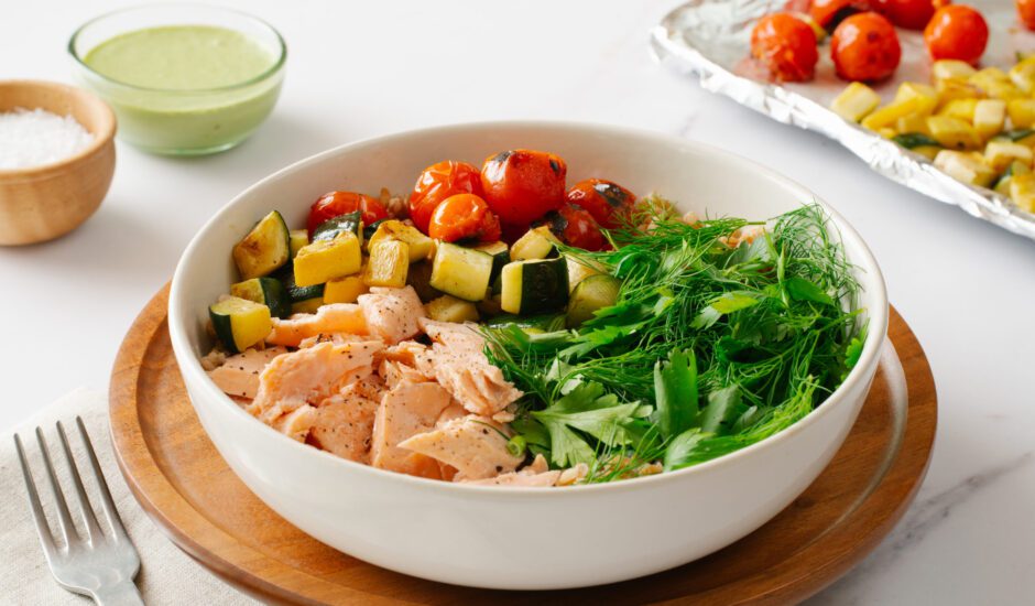 Mediterranean Salmon Grain Bowl with Roasted Vegetables
