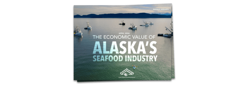 Cover of a report that says The Economic Value of Alaska's Seafood Industry overlaid on top of a scene of boats on water with moutains in background