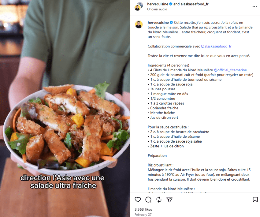 A screenshot of Herve Cuisine's instagram post showing the thai salad recipe an associated comments.