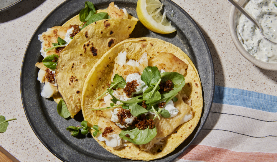 French-style Pickled Mustard Seed Alaska Sole Tacos