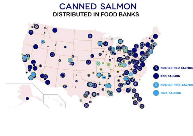 map of locations where canned salmon is distributed at food banks in the United States