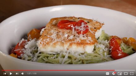 Alaska Halibut with Pistachio Pesto Pasta and Roasted Tomatoes - Alaska from Scratch