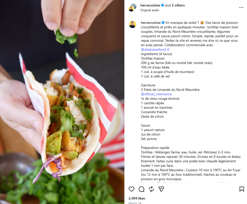 A screenshot of Herve Cuisine's instagram post showing the Sole Taco recipe an associated comments.