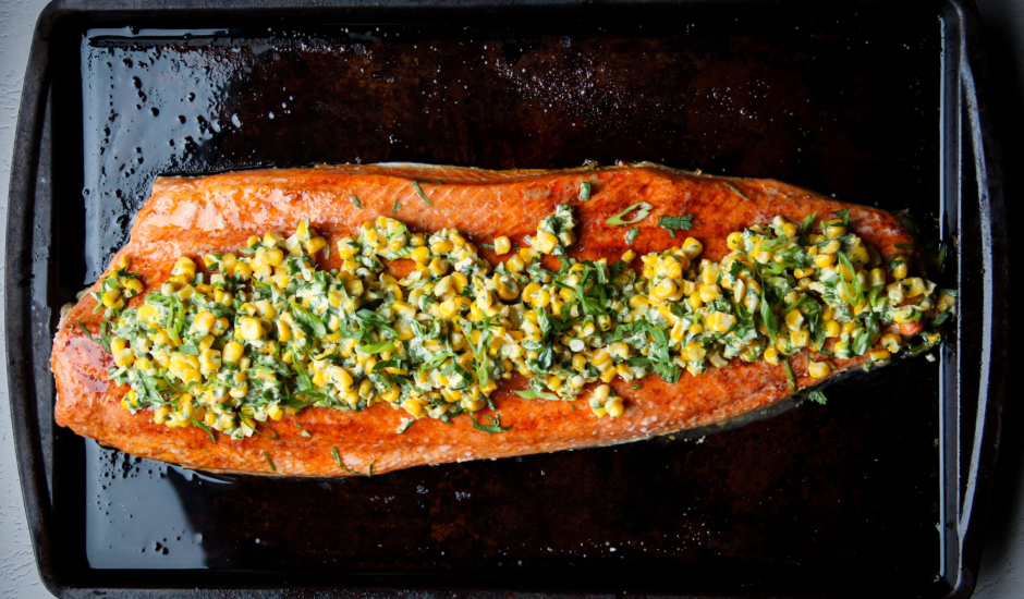 Slow Roasted King Salmon with Mexican Street Corn Salad