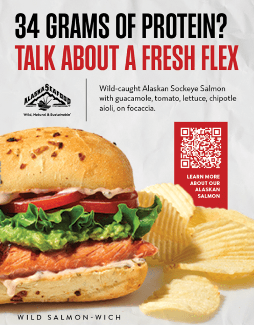 An advertisement featuring a fish sandwhich and text that reads: 34 grams of protein, talk about a fresh flex